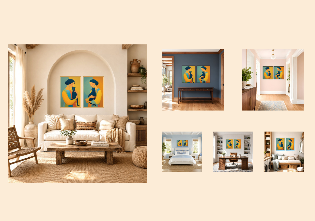 Artwork placed into real room scenes at correct scale for Etsy listing photos